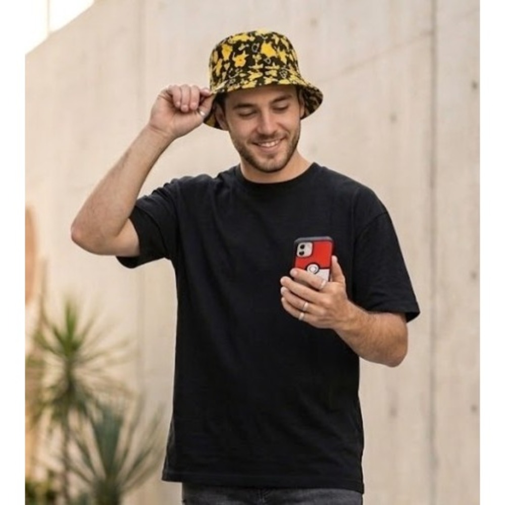 Pokemon Pikachu All Over Print Bucket Hat Unisex OS Black Yellow Cotton Canvas